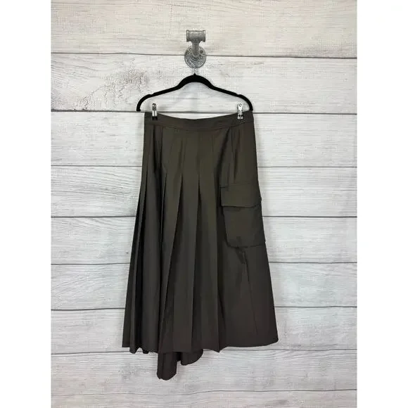 Zara Women's Brown Pleated Asymmetrical Buckle Midi Wrap Skirt Size Medium - Picture 7 of 10